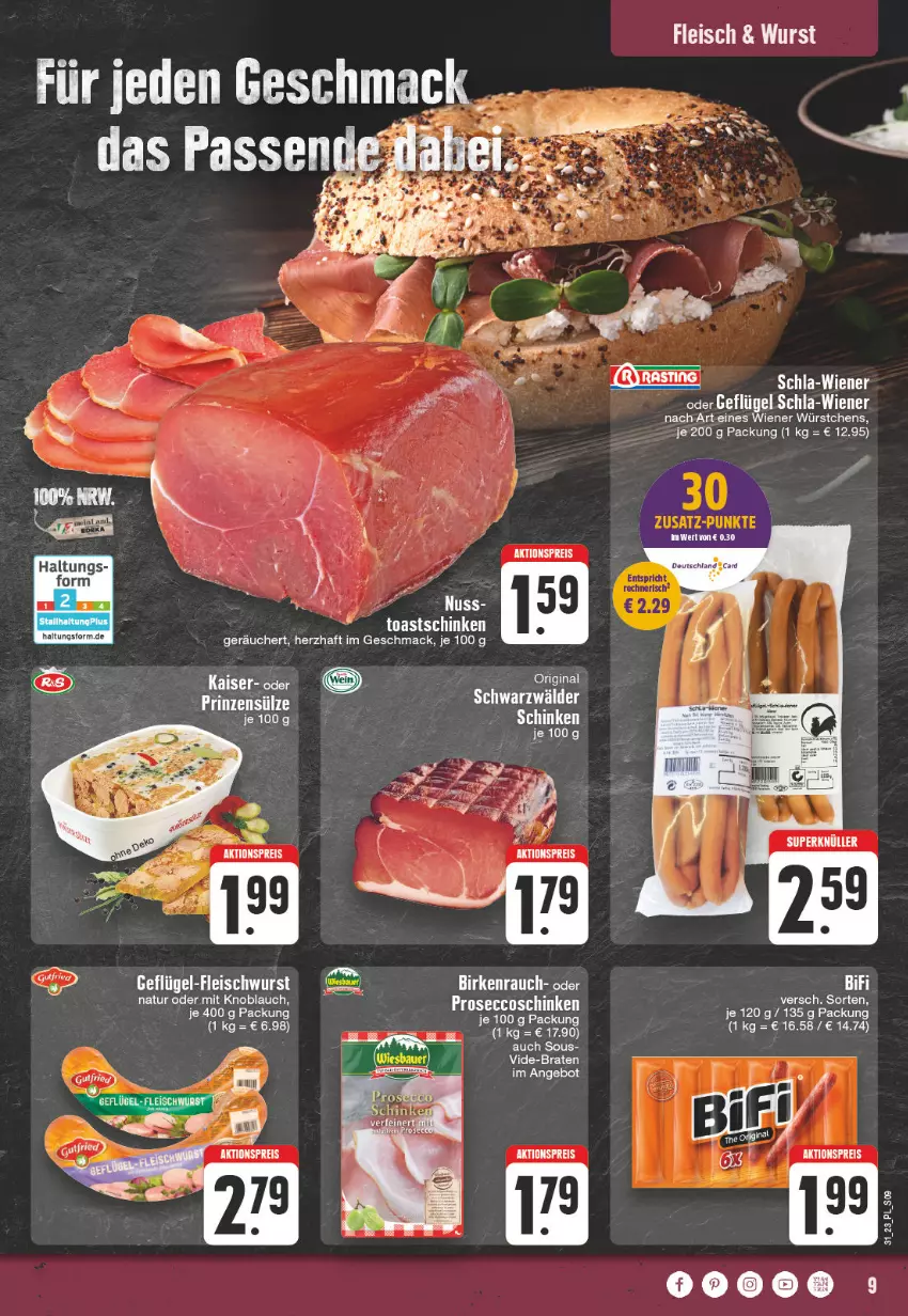 Aktueller Prospekt E Center - Angebote der Woche - von 31.07 bis 05.08.2023 - strona 9 - produkty: aktionspreis, angebot, bifi, eis, fleisch, fleischwurst, Geflügel, Geflügel-Fleischwurst, Kaiser, knoblauch, mac, miele, mit knoblauch, natur, nuss, Rauch, reis, schinken, Ti, toast, Toastschinken, wiener, wiener würstchen, wurst, würstchen