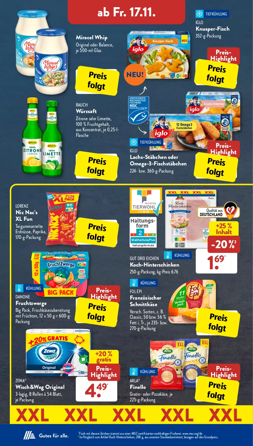 Aktueller Prospekt AldiSud - IN ZWEI WOCHEN - von 13.11 bis 18.11.2023 - strona 24 - produkty: arla, danone, danone fruchtzwerge, eis, erdnüsse, finello, fisch, fische, Fischer, fischstäbchen, flasche, fol epi, frischkäse, frischkäsezubereitung, frucht, früchte, früchten, fruchtzwerge, gin, hinterschinken, iglo, Käse, lachs, LG, limette, lorenz, Mantel, Mett, miracel, miracel whip, omega, Omega-3, paprika, pizza, Rauch, reis, saft, Schere, schinken, schnittkäse, Ti, zewa, zitrone