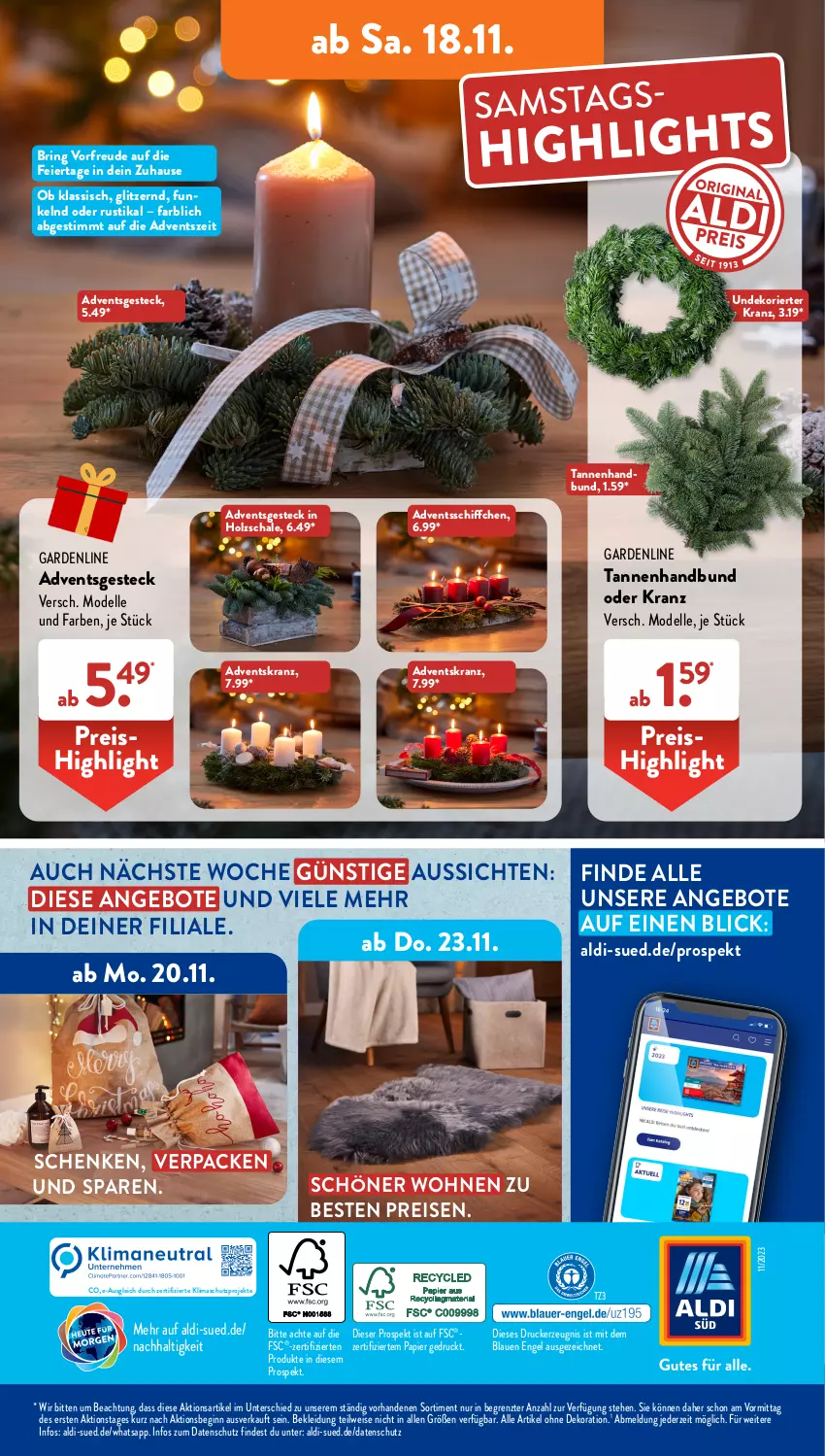 Aktueller Prospekt AldiSud - IN ZWEI WOCHEN - von 13.11 bis 18.11.2023 - strona 33 - produkty: Adventskranz, aldi, alle artikel ohne dekoration, angebot, angebote, dekoration, dell, drucker, eier, eis, elle, Engel, gin, Holz, kerze, kleid, Kleidung, Kranz, Mode, papier, reis, ring, Schal, Schale, Schiffchen, Ti, ZTE