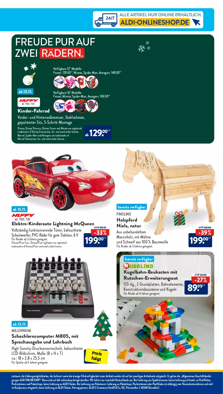 Aktueller Prospekt AldiSud - IN ZWEI WOCHEN - von 13.11 bis 18.11.2023 - strona 35 - produkty: aldi, aust, auto, Bau, baumwolle, buch, Cars, computer, dell, disney, eis, Elektro, elle, ente, erde, Fahrrad, Holz, Kinder, Kugel, Kugelbahn, latte, Leuchte, LG, massivholz, McQueen, Mode, natur, pute, reis, rwe, spider-man, Spiele, Ti, wolle