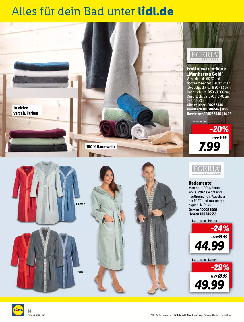 Aktueller Prospekt Lidl - Aktuelle Onlineshop-Highlights - von 01.02 bis 28.02.2022 - strona 14 - produkty: Bad, Bademantel, Bau, baumwolle, duschtuch, Ergee, Gästetücher, handtuch, Mantel, ndk, Ria, Ti, Trockner, tuc, tücher, wolle