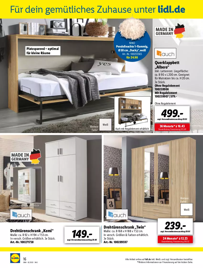 Aktueller Prospekt Lidl - Aktuelle Onlineshop-Highlights - von 01.02 bis 28.02.2022 - strona 16 - produkty: bett, dell, drehtürenschrank, Duck, elle, lamm, latte, lattenrost, leine, Leuchte, Liege, matratze, matratzen, ndk, Pendelleuchte, regal, Schrank, spiegel, Ti, türenschrank, ZTE