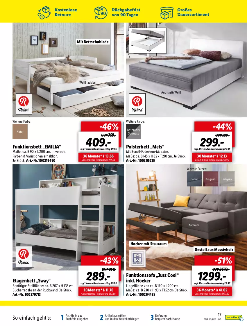 Aktueller Prospekt Lidl - Aktuelle Onlineshop-Highlights - von 01.02 bis 28.02.2022 - strona 17 - produkty: auer, bett, Etagenbett, federkern, funktionssofa, hocker, Holz, korb, lack, LG, Liege, massivholz, matratze, natur, ndk, polsterbett, regal, Ria, rückwand, Sofa, Ti