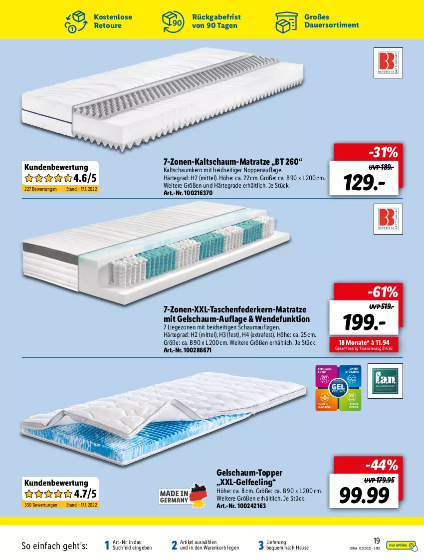 Aktueller Prospekt Lidl - Aktuelle Onlineshop-Highlights - von 01.02 bis 28.02.2022 - strona 19 - produkty: auer, federkern, kaltschaum-matratze, korb, Liege, matratze, schauma, Tasche, taschen, taschenfederkern-matratze, Ti, topper