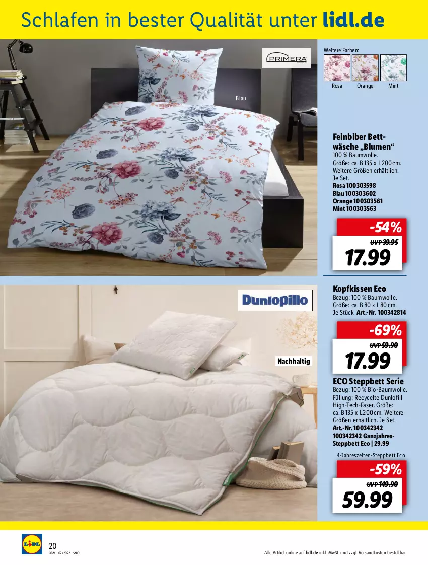 Aktueller Prospekt Lidl - Aktuelle Onlineshop-Highlights - von 01.02 bis 28.02.2022 - strona 20 - produkty: Bau, baumwolle, bett, bettwäsche, bio, bio-baumwolle, blume, blumen, kissen, kopfkissen, mint, ndk, orange, steppbett, Ti, wolle