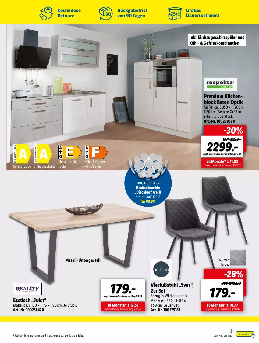 Aktueller Prospekt Lidl - Aktuelle Onlineshop-Highlights - von 01.02 bis 28.02.2022 - strona 3 - produkty: auer, backofen, Bau, decke, deckenleuchte, einbaubackofen, esstisch, gefrierkombination, geschirr, geschirrspüler, korb, küche, Küchen, küchenblock, Leuchte, leuchten, LG, ndk, Ofen, rum, schräghaube, Spektrum, stuhl, Ti, tisch, Wild, ZTE