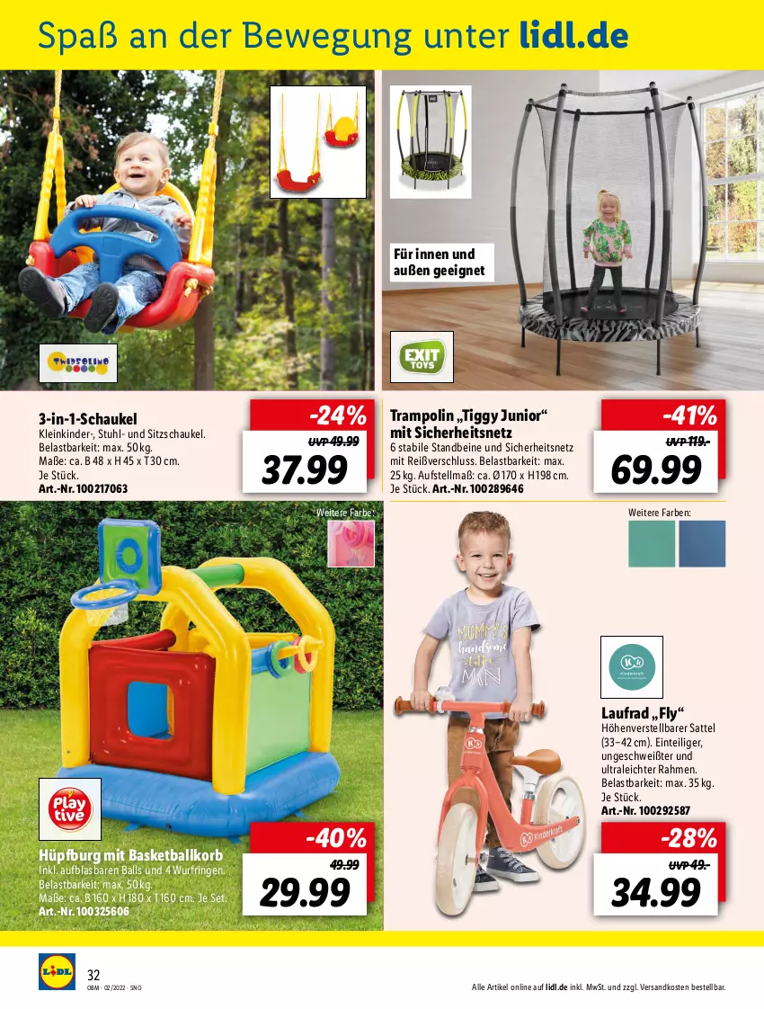 Aktueller Prospekt Lidl - Aktuelle Onlineshop-Highlights - von 01.02 bis 28.02.2022 - strona 32 - produkty: ball, Hüpfburg, Kinder, korb, Laufrad, ndk, ring, sattel, Schaukel, stuhl, Ti, Trampolin