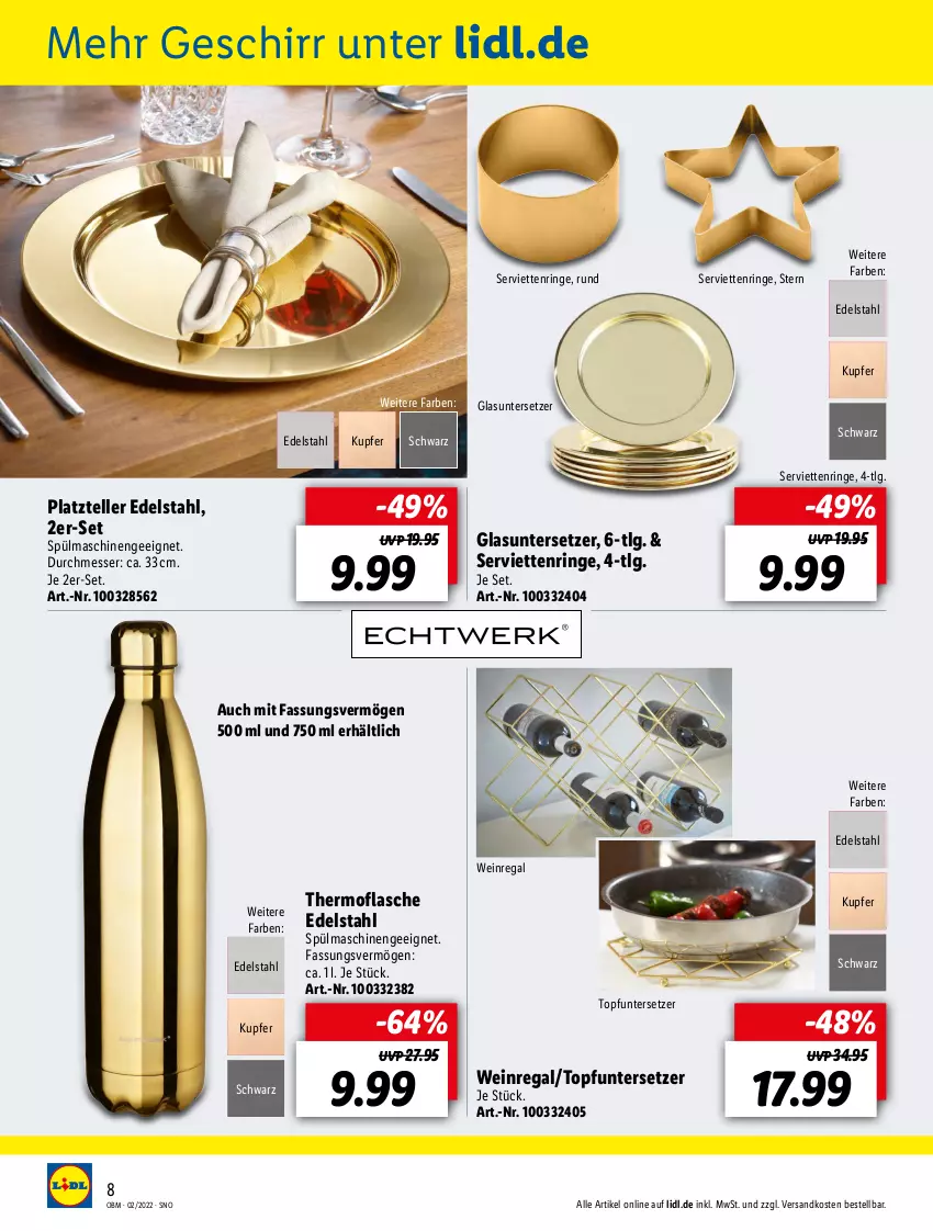 Aktueller Prospekt Lidl - Aktuelle Onlineshop-Highlights - von 01.02 bis 28.02.2022 - strona 8 - produkty: edelstahl, elle, flasche, geschirr, LG, messer, ndk, regal, ring, Serviette, servietten, Serviettenring, spülmaschinen, teller, Ti, topf, Topfuntersetzer, Untersetzer, wein, ZTE