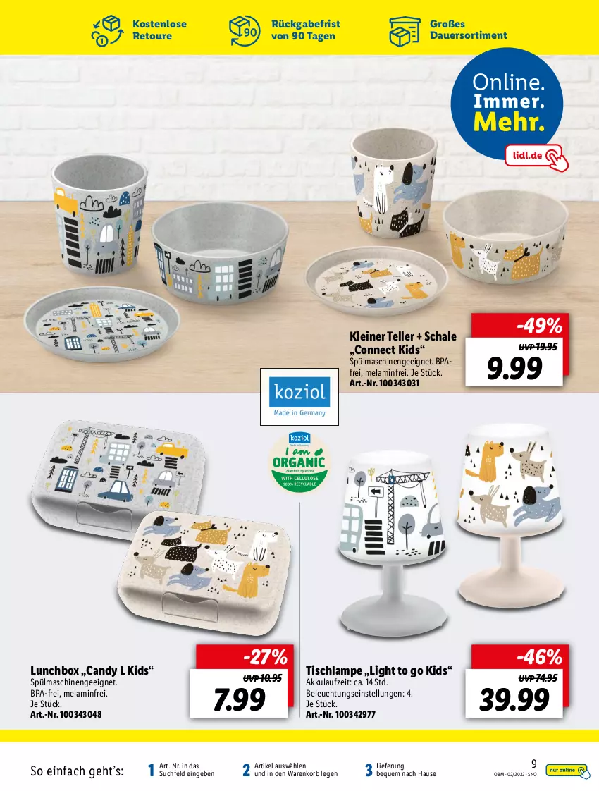 Aktueller Prospekt Lidl - Aktuelle Onlineshop-Highlights - von 01.02 bis 28.02.2022 - strona 9 - produkty: akku, auer, beleuchtung, elle, korb, Lampe, leine, lunchbox, Schal, Schale, spülmaschinen, teller, Ti, tisch, Tischlampe