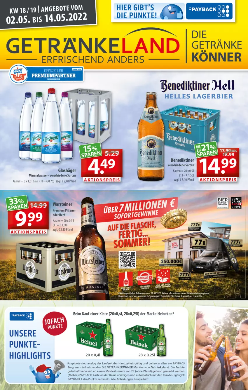 Aktueller Prospekt Getraenkeland - von 02.05 bis 14.05.2022 - strona 1 - produkty: Alwa, angebot, angebote, auer, auto, Benediktiner, bier, eis, Elan, elle, erde, getränk, getränke, gewinnspiel, heineken, Lagerbier, mac, mineralwasser, payback, pils, pilsener, premium pils, steiner, tee, Ti, tisch, usb, warsteiner, wasser