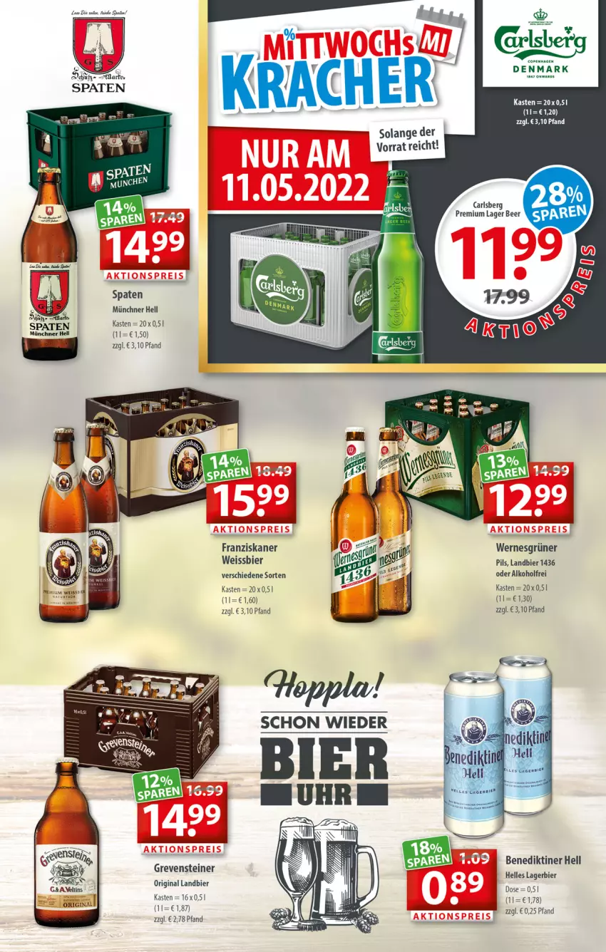 Aktueller Prospekt Getraenkeland - von 02.05 bis 14.05.2022 - strona 3 - produkty: alkohol, Benediktiner, bier, carlsberg, eis, elle, franziskaner, gin, grevensteiner, Lagerbier, pils, Spaten, steiner, Ti, weissbier