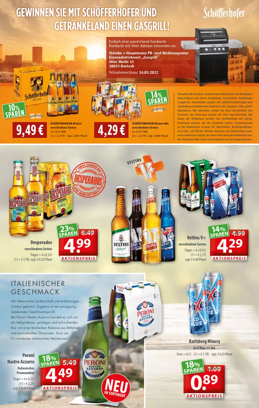 Aktueller Prospekt Getraenkeland - von 02.05 bis 14.05.2022 - strona 4 - produkty: Berger, bier, desperados, eis, Elan, erde, getränk, getränke, gewinnspiel, karlsberg, karlsberg mixery, LG, Meister, Mixer, mixery, Mode, Peroni, Premiumbier, radeberger, rwe, schöfferhofer, sim, Ti, tisch, veltins, weck