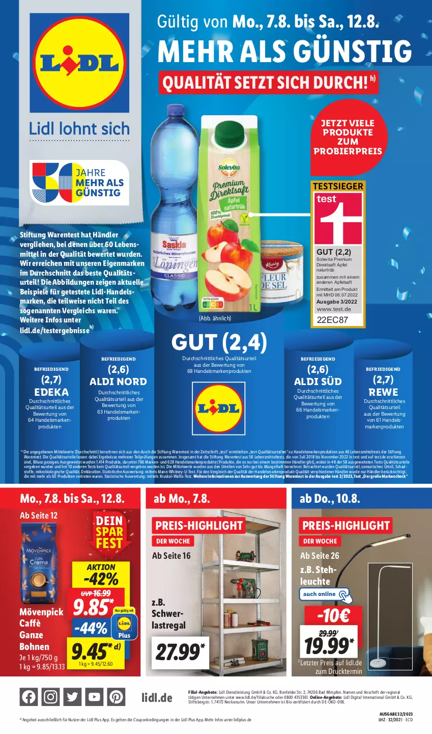 Aktueller Prospekt Lidl - Aktionsprospekt - von 07.08 bis 12.08.2023 - strona 1 - produkty: aldi, angebot, angebote, apfel, apfelsaft, Bad, bier, bio, bohne, bohnen, coupon, deka, direktsaft, eis, elle, ente, lebensmittel, Leuchte, mövenpick, natur, preisvorteil, regal, reis, saft, schwerlastregal, Spiele, stehleuchte, Ti, tisch, vita, ZTE