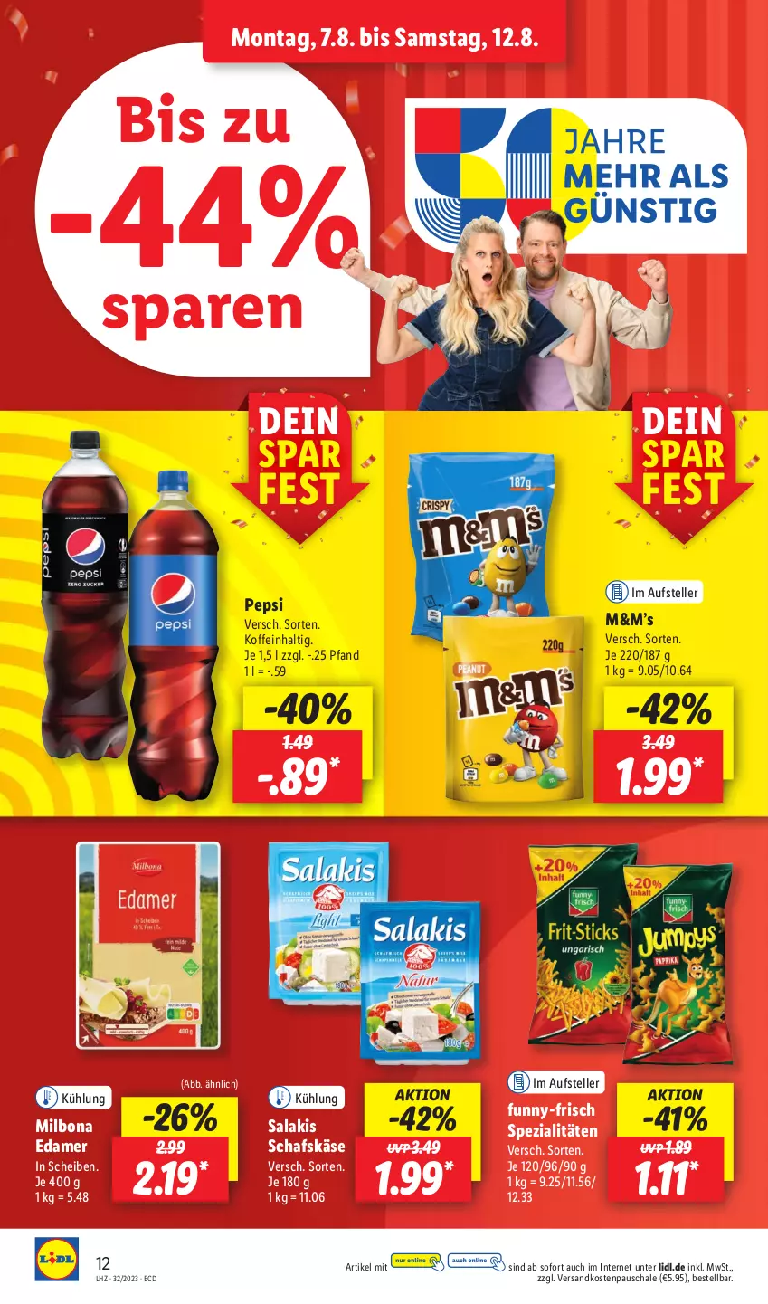 Aktueller Prospekt Lidl - Aktionsprospekt - von 07.08 bis 12.08.2023 - strona 12 - produkty: Bona, edamer, elle, funny-frisch, Käse, Milbona, ndk, pepsi, salakis, schafskäse, Schal, Schale, Spezi, teller, Ti