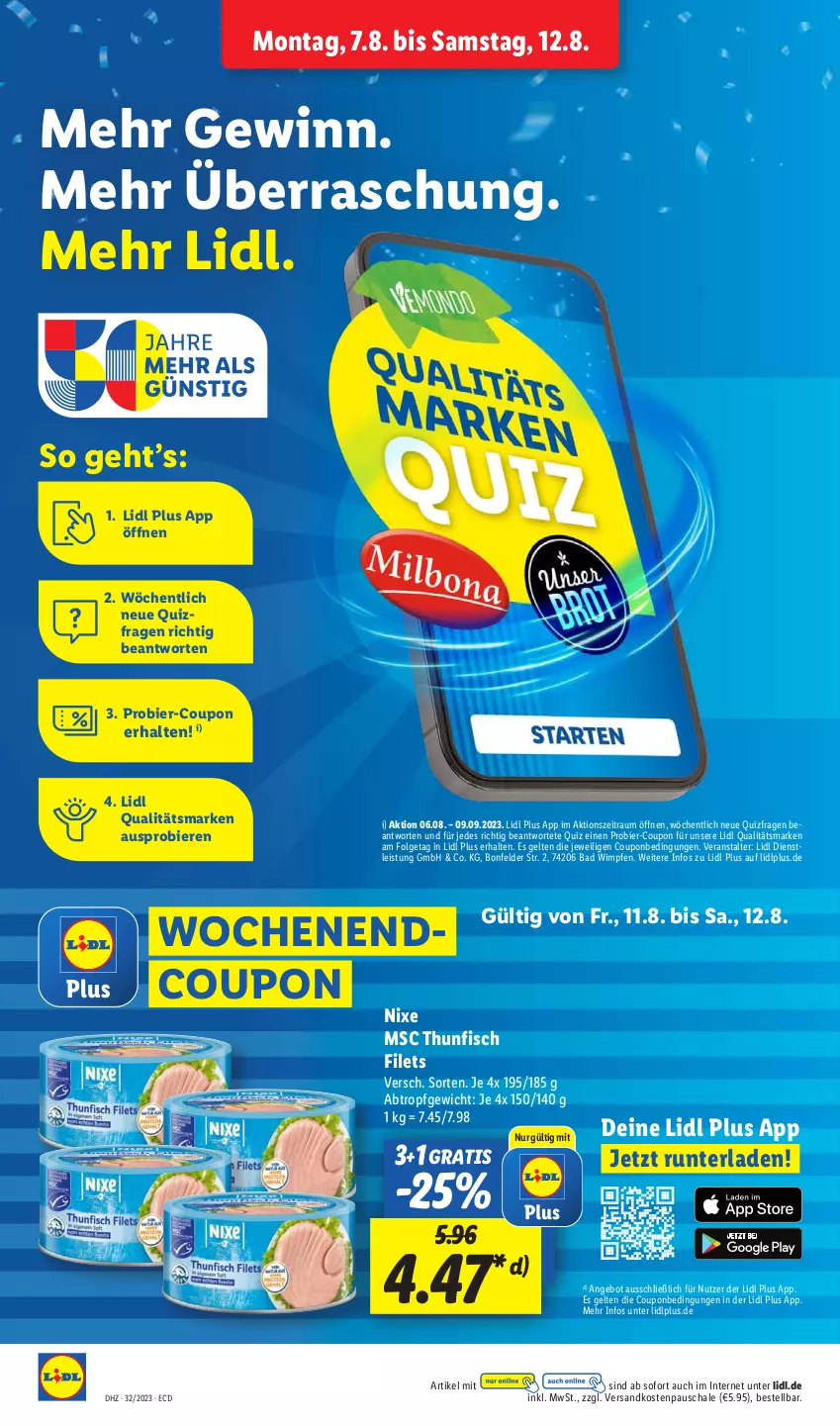 Aktueller Prospekt Lidl - Aktionsprospekt - von 07.08 bis 12.08.2023 - strona 16 - produkty: angebot, Bad, bier, Biere, coupon, eis, filet, filets, fisch, LG, ndk, Schal, Schale, thunfisch, thunfisch filets, Ti