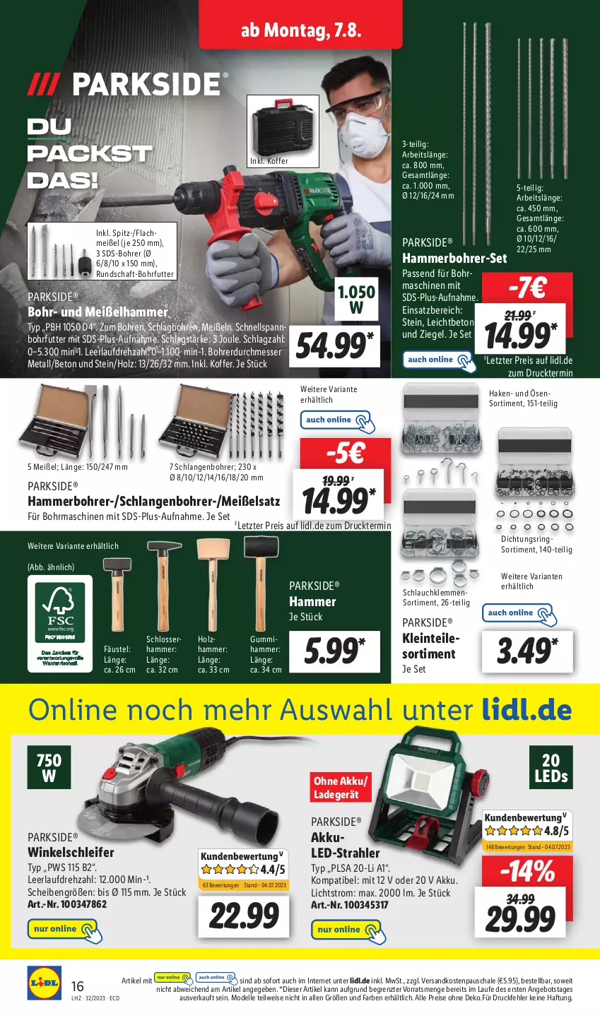 Aktueller Prospekt Lidl - Aktionsprospekt - von 07.08 bis 12.08.2023 - strona 18 - produkty: akku, angebot, dell, eis, elle, Holz, koffer, ladegerät, leds, messer, Mode, ndk, Parkside, reis, Ria, ring, Schal, Schale, schlauch, Ti, Winkelschleifer, ZTE