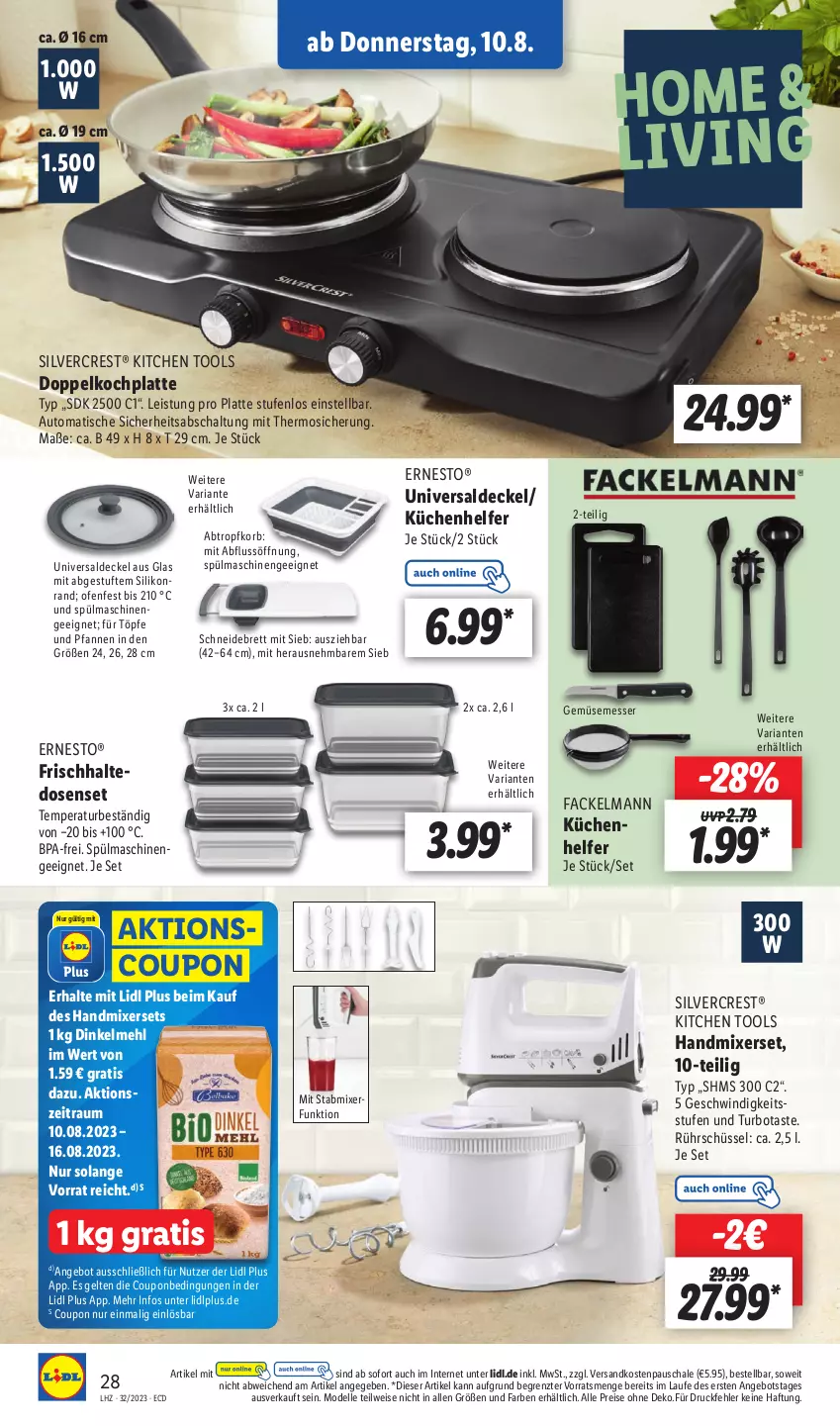 Aktueller Prospekt Lidl - Aktionsprospekt - von 07.08 bis 12.08.2023 - strona 32 - produkty: angebot, auto, coupon, decke, Deckel, dell, dinkelmehl, eis, elle, ernesto, fackelmann, handmixer, HP, korb, küche, Küchen, Küchenhelfer, latte, mehl, messer, Mixer, Mode, ndk, Ofen, pfanne, pfannen, reis, Ria, Rührschüssel, Schal, Schale, schneidebrett, schüssel, silvercrest, spülmaschinen, stabmixer, Ti, tisch, und pfanne, ZTE