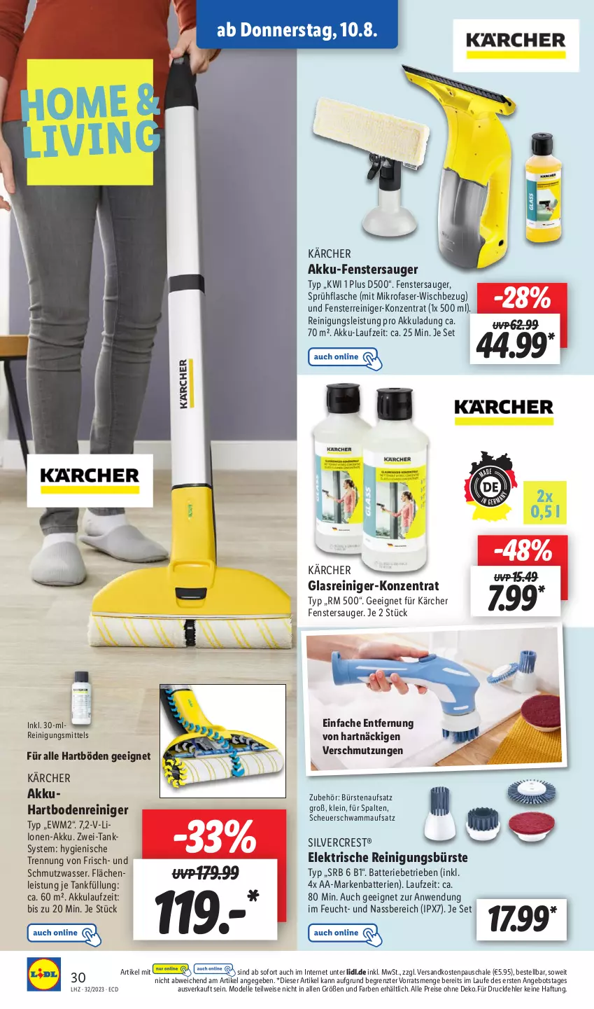 Aktueller Prospekt Lidl - Aktionsprospekt - von 07.08 bis 12.08.2023 - strona 34 - produkty: akku, angebot, batterie, batterien, bürste, dell, eis, elle, fenster, fenstersauger, flasche, Glasreiniger, Hartbodenreiniger, Heu, Kärcher, mikrofaser, Mode, ndk, reiniger, Reinigung, reinigungsbürste, Reinigungsmittel, reis, Schal, Schale, schwamm, silvercrest, Ti, wasser, ZTE