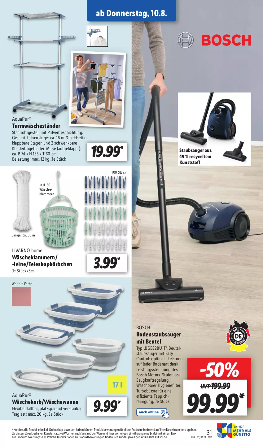 Aktueller Prospekt Lidl - Aktionsprospekt - von 07.08 bis 12.08.2023 - strona 35 - produkty: aqua, AquaPur, beutel, bodenstaubsauger, bosch, eis, ente, hygienefilter, Klammern, kleid, kleider, korb, Körbchen, kraft, lamm, leine, Reinigung, staubsauger, Teleskop, teppich, Ti, Wanne, wäschekorb, weck