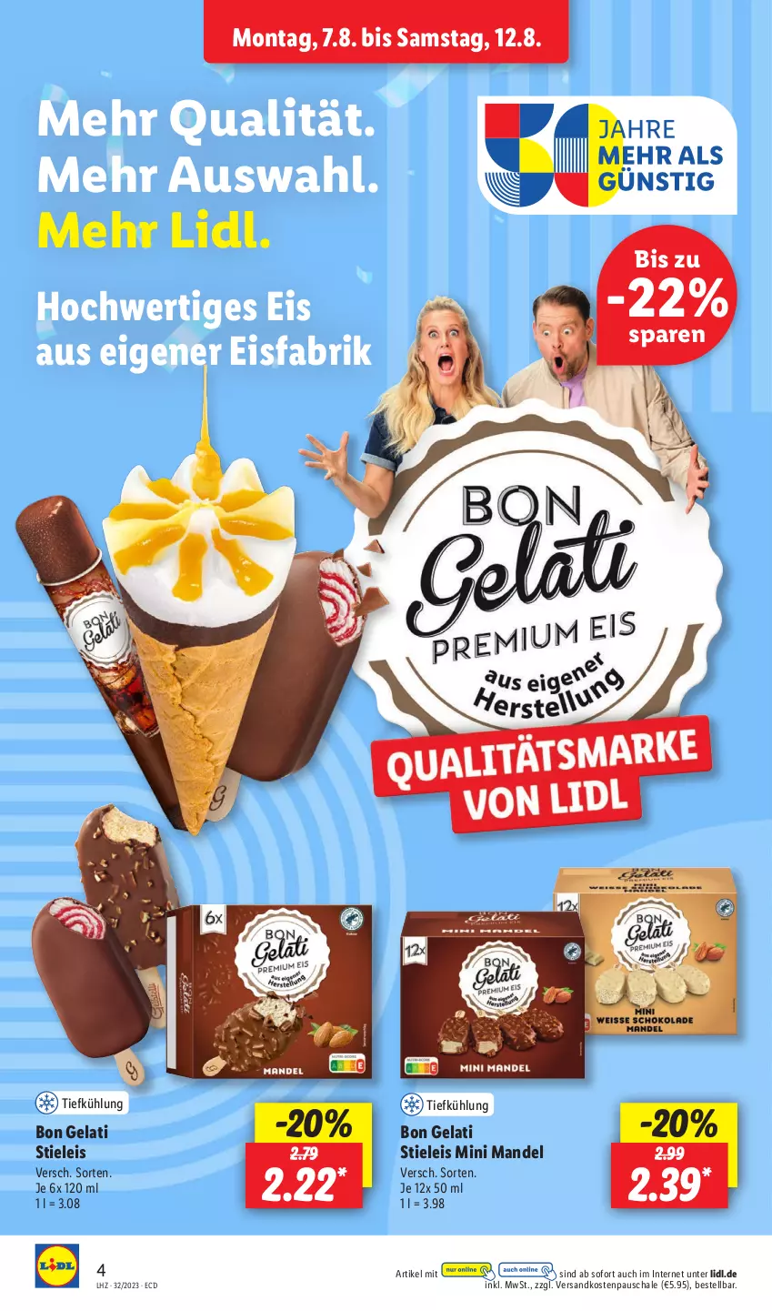 Aktueller Prospekt Lidl - Aktionsprospekt - von 07.08 bis 12.08.2023 - strona 4 - produkty: Bon Gelati, eis, mandel, ndk, Schal, Schale, stieleis, Ti