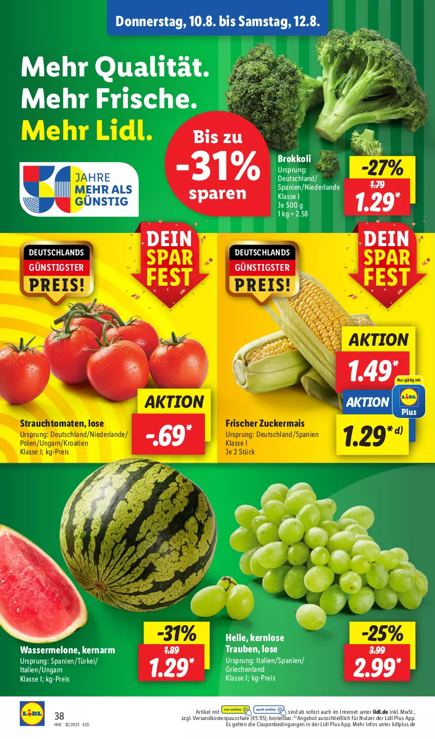 Aktueller Prospekt Lidl - Aktionsprospekt - von 07.08 bis 12.08.2023 - strona 48 - produkty: angebot, brokkoli, coupon, eis, elle, mais, melone, ndk, Rauch, reis, Schal, Schale, strauchtomaten, Ti, tomate, tomaten, trauben, wasser, wassermelone, zucker, zuckermais