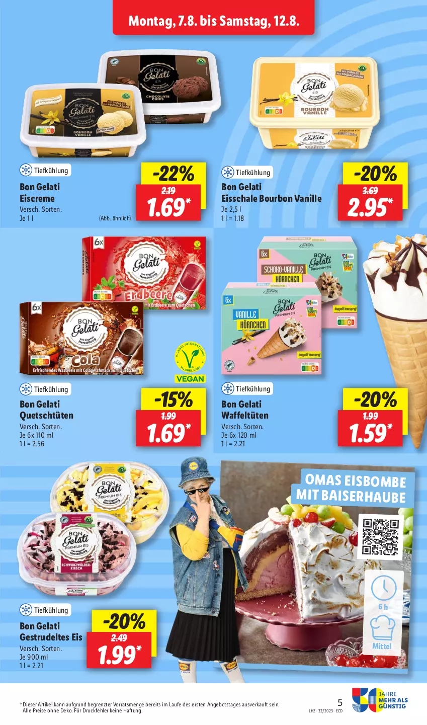 Aktueller Prospekt Lidl - Aktionsprospekt - von 07.08 bis 12.08.2023 - strona 5 - produkty: angebot, Bon Gelati, bourbon, bourbon vanille, creme, eis, eiscreme, reis, Schal, Schale, Strudel, Ti, Tüte, vanille, ZTE