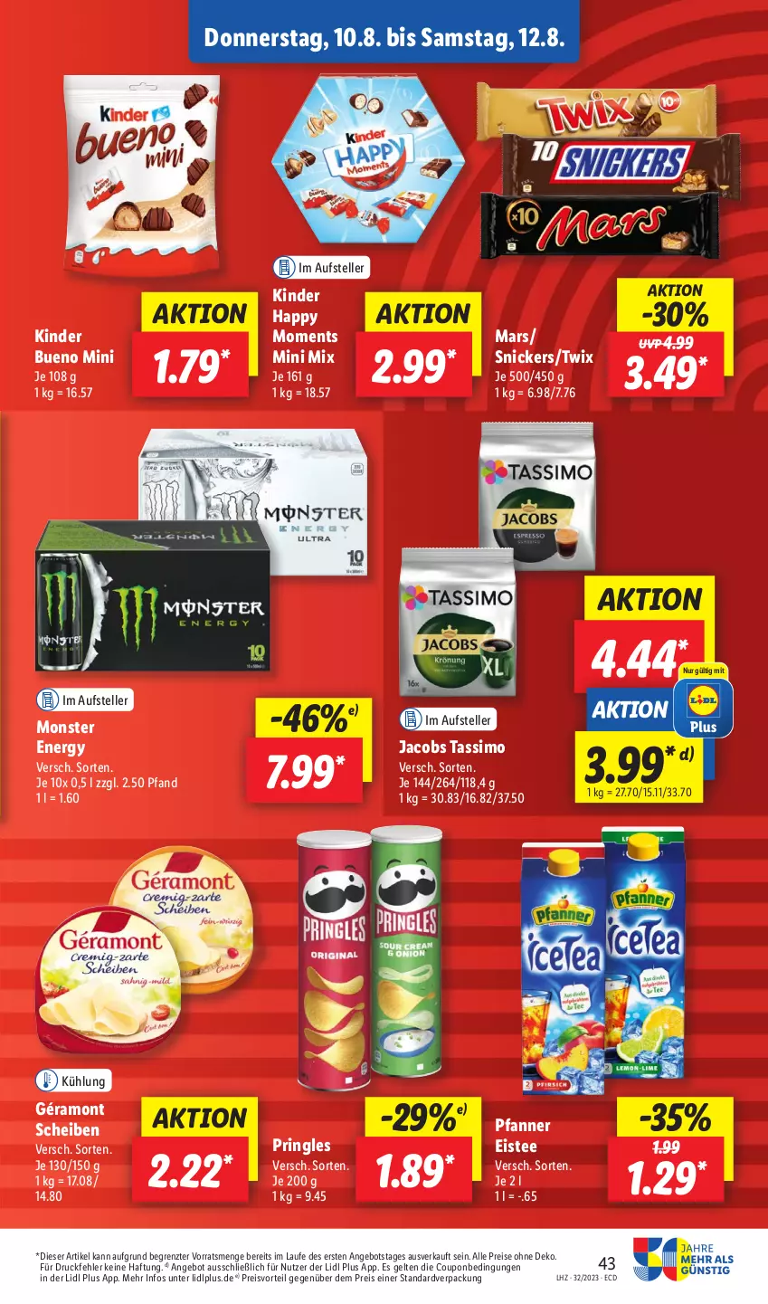 Aktueller Prospekt Lidl - Aktionsprospekt - von 07.08 bis 12.08.2023 - strona 53 - produkty: angebot, coupon, eis, eistee, elle, géramont, jacobs, jacobs tassimo, Kinder, kinder bueno, mars, monster, Monster Energy, pfanne, Pfanner, preisvorteil, pringles, reis, ring, sim, snickers, tassimo, tee, teller, Ti, twix, ZTE