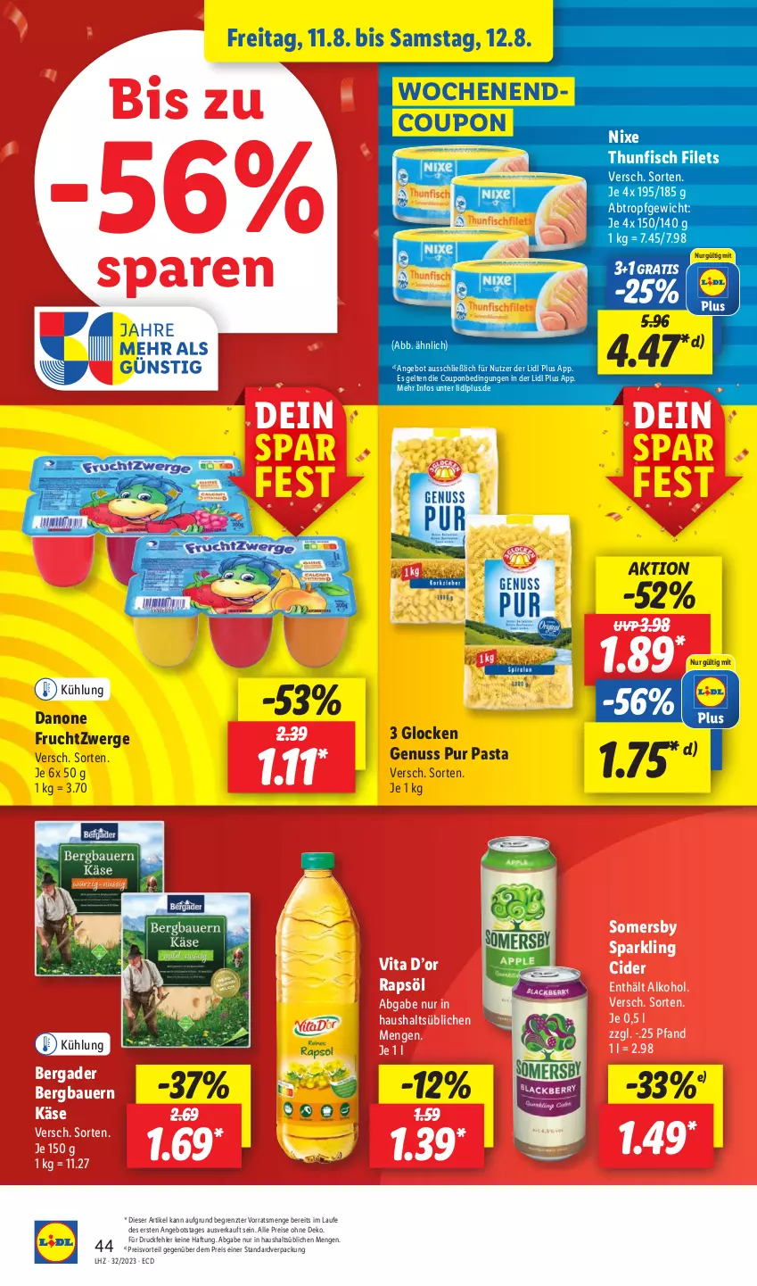 Aktueller Prospekt Lidl - Aktionsprospekt - von 07.08 bis 12.08.2023 - strona 54 - produkty: alkohol, angebot, auer, Bau, Bauer, bergader, cider, coupon, danone, danone fruchtzwerge, drucker, eis, Engel, filet, filets, fisch, frucht, fruchtzwerge, Käse, kerze, nuss, papier, pasta, preisvorteil, rapsöl, reis, somersby, thunfisch, thunfisch filets, Ti, vita, ZTE