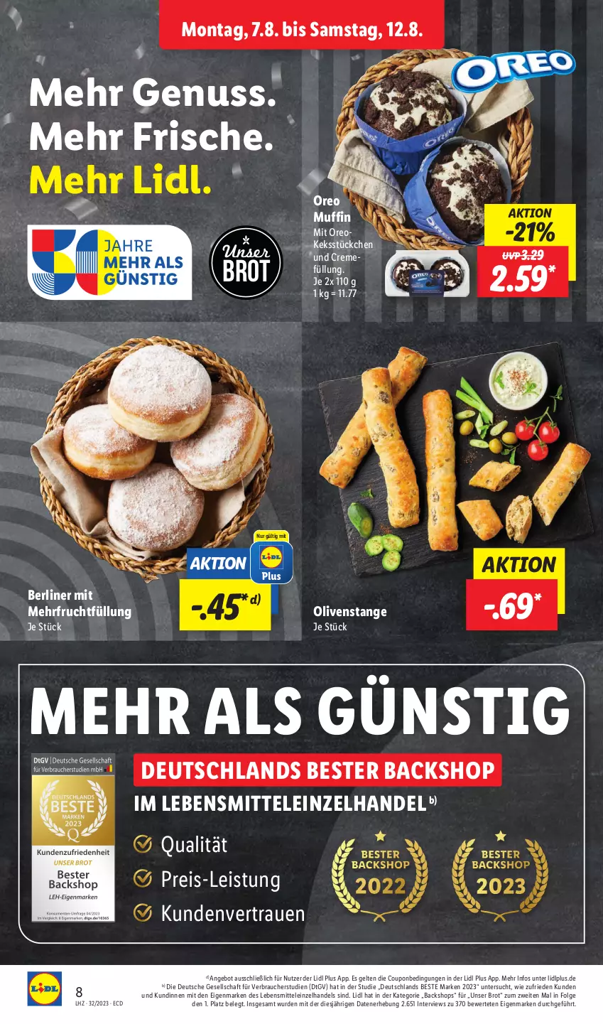 Aktueller Prospekt Lidl - Aktionsprospekt - von 07.08 bis 12.08.2023 - strona 8 - produkty: angebot, berliner, brot, coupon, creme, eis, frucht, keks, lebensmittel, LG, Muffin, nuss, olive, oliven, Olivenstange, oreo, Rauch, reis, Ti