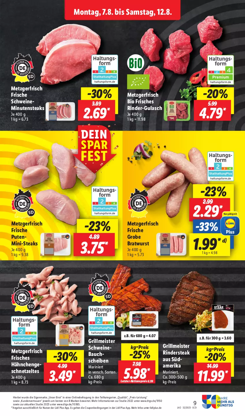 Aktueller Prospekt Lidl - Aktionsprospekt - von 07.08 bis 12.08.2023 - strona 9 - produkty: aktionspreis, angebot, Bau, bio, bratwurst, brot, coupon, eis, elle, geschnetzeltes, grill, grobe bratwurst, gulasch, Hähnchengeschnetzeltes, Meister, minutensteaks, pute, reis, rind, rinder, Rindersteak, schwein, schweine, steak, steaks, Ti, wein, weine, wurst, Zelt, ZTE