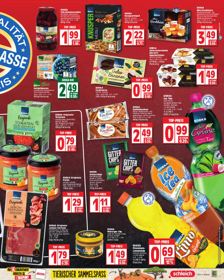 Aktueller Prospekt Edeka - Angebote der Woche - von 25.09 bis 30.09.2023 - strona 11 - produkty: beere, beeren, beutel, bio, chips, deka, dessert, desserts, dip, edeka bio, eis, elle, ente, flasche, frucht, früchte, geback, gin, Hefe, heidelbeere, heidelbeeren, ice tea, jamón serrano, kaffee, kartoffel, kartoffelchips, Käse, Knuspermüsli, kuchen, limo, limonade, mit frucht, morellen, müsli, nuss, pesto, reis, rel, schattenmorellen, schnitten, serrano, Spezi, tee, Ti, tomate, tomaten, top-preis, tortilla, Wild, würfel, ZTE, zucker