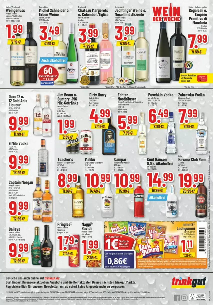 Aktueller Prospekt Trinkgut - Prospekte - von 09.11 bis 15.11.2025 - strona 6 - produkty: alkohol, angebot, angebote, baileys, beutel, burgunder, campari, Cap, captain morgan, eis, elle, ente, fisch, fische, flasche, getränk, getränke, grauburgunder, Havana Club, jim beam, liqueur, Malibu, Michel Schneider, moselland, nuss, ouzo, ouzo 12, payback, primitivo, pringles, puschkin vodka, ravioli, regal, reis, Ria, ring, rum, Ti, vodka, wein, weine, ZTE