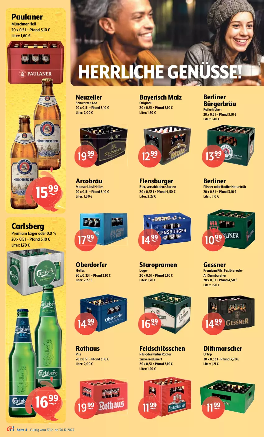 Aktueller Prospekt Getraenke Hoffmann - Prospekte - von 27.12 bis 30.12.2023 - strona 4 - produkty: Altenmünster, berliner, bier, burger, carlsberg, eis, elle, Engel, erdinger, flensburger, Gessner, gin, hasseröder, Hefe, Jubiläums, malz, mars, natur, natur radler, oder radler, Paula, paulaner, pils, pilsener, pilsner, premium pils, radler, Saalfelder, Schultheiss, Staropramen, Ti, urtyp, weissbier, Wild, zucker