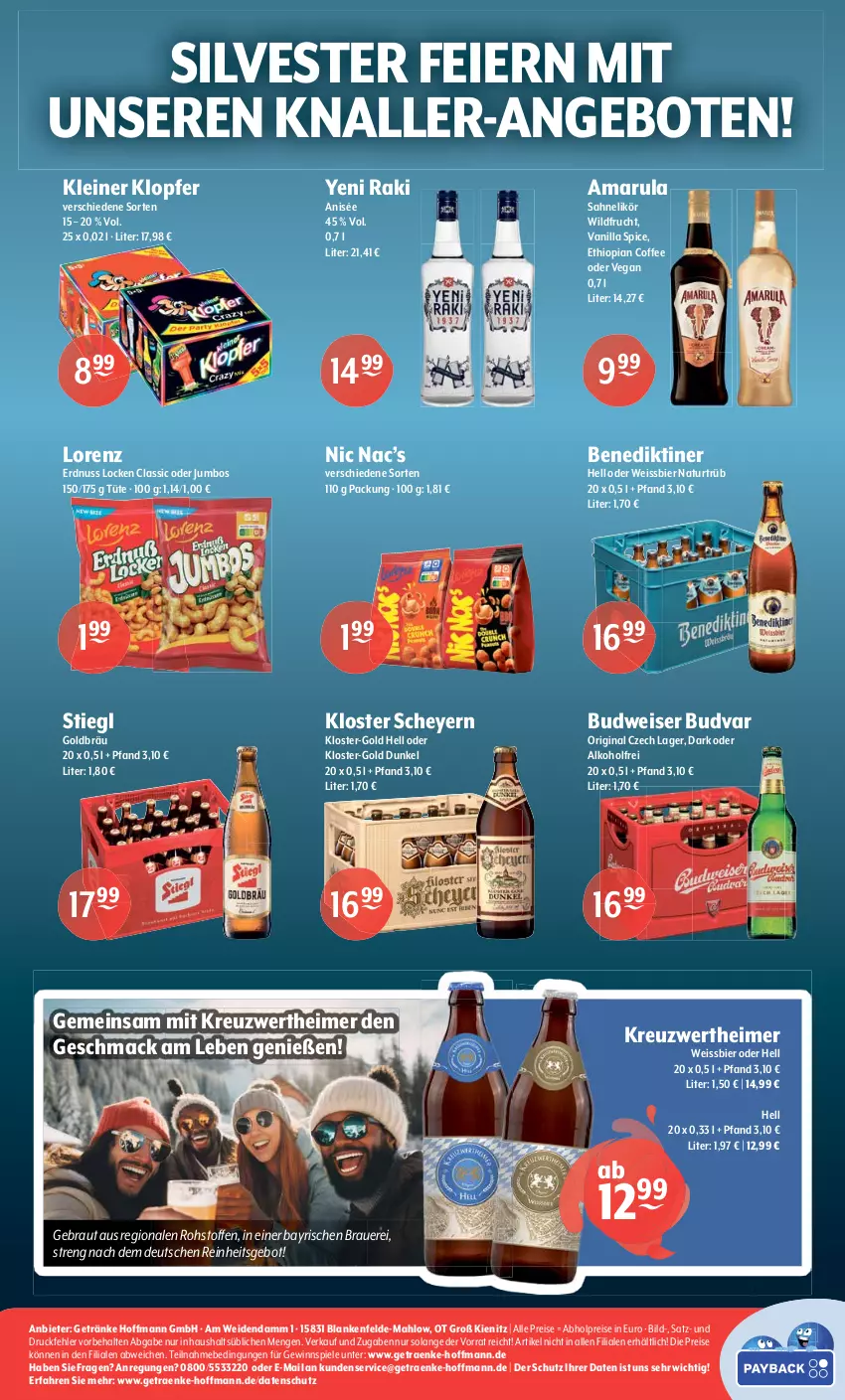 Aktueller Prospekt Getraenke Hoffmann - Prospekte - von 27.12 bis 30.12.2023 - strona 8 - produkty: abholpreise, alkohol, amarula, angebot, angebote, auer, Benediktiner, bier, budweiser, eier, eimer, eis, erdnuss, frucht, getränk, getränke, gewinnspiel, gin, jumbo, kleiner klopfer, leine, likör, lorenz, mac, natur, nuss, reis, sahne, Spiele, Stiegl, Ti, Tüte, weissbier, Wild, yeni raki