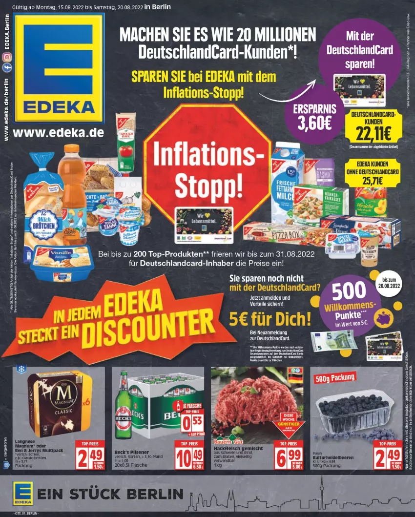 Aktueller Prospekt Edeka - Angebote der Woche - von 15.08 bis 20.08.2022 - strona 1 - produkty: angebot, auer, deka, deutschlandcard, eis, ente, gin, lion, mac, milch, reis, Ti