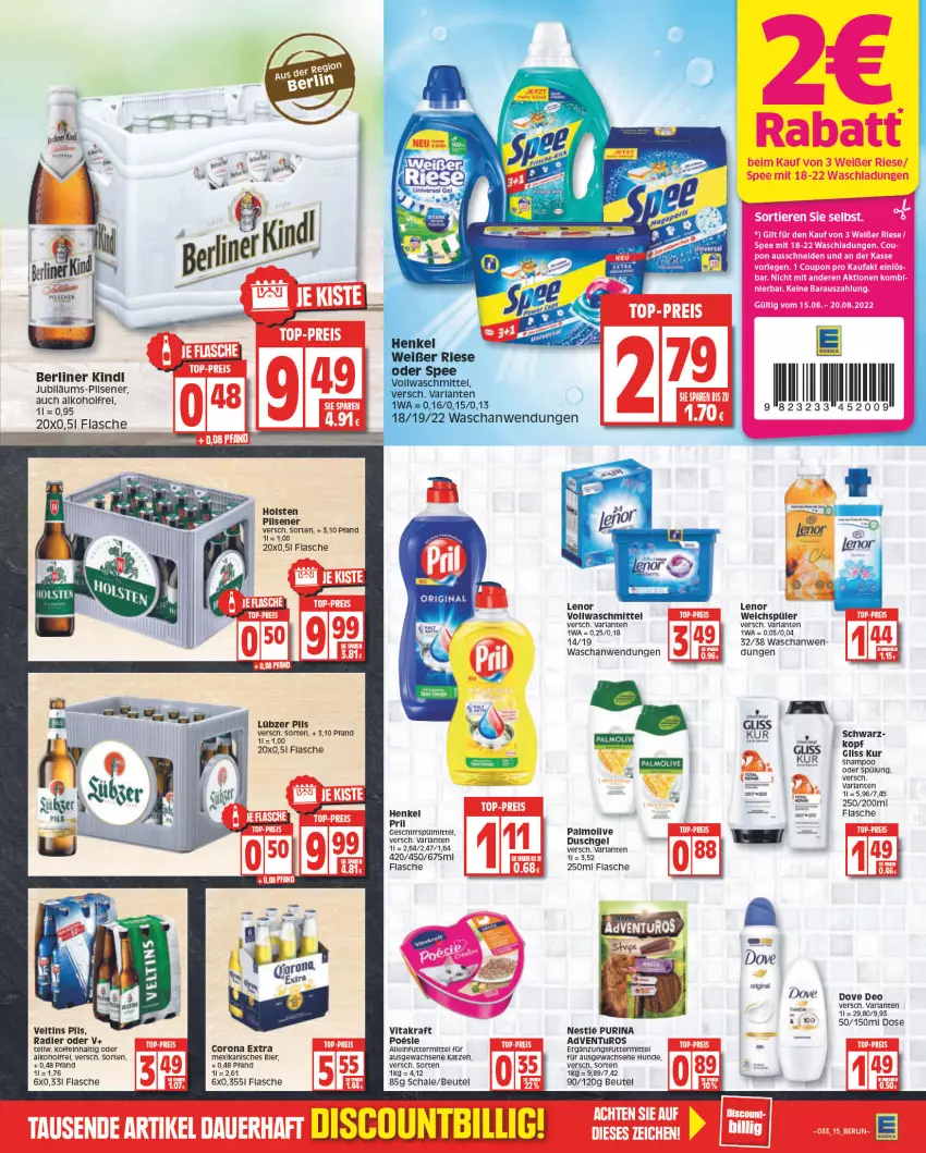 Aktueller Prospekt Edeka - Angebote der Woche - von 15.08 bis 20.08.2022 - strona 15 - produkty: adventuros, alkohol, alleinfuttermittel, arla, berliner, beutel, bier, corona, corona extra, deo, discount, dove, duschgel, flasche, geschirr, geschirrspülmittel, gin, gliss, gliss kur, henkel, holsten, holsten pilsener, kraft, lenor, lenor weichspüler, Lübzer, olive, palmolive, pils, pilsener, pril, purina, radler, rel, Schal, Schale, spülmittel, spülung, Ti, veltins, vita, vitakraft, vollwaschmittel, waschmittel, weichspüler