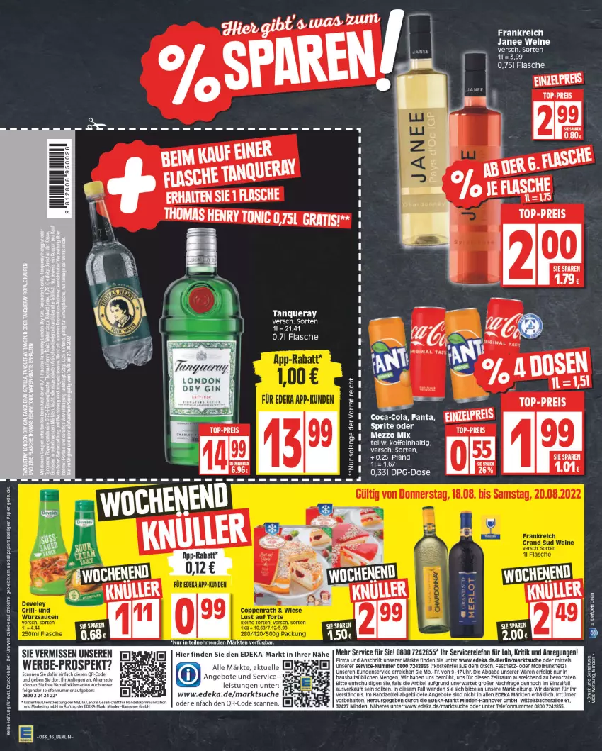 Aktueller Prospekt Edeka - Angebote der Woche - von 15.08 bis 20.08.2022 - strona 16 - produkty: angebot, angebote, deka, dry gin, eis, elle, erde, fanta, flasche, gin, LG, Liege, london dry, london dry gin, Mezzo Mix, reis, rel, sprite, Tanqueray, telefon, Ti, top-preis, uhr, wein, weine, Yo