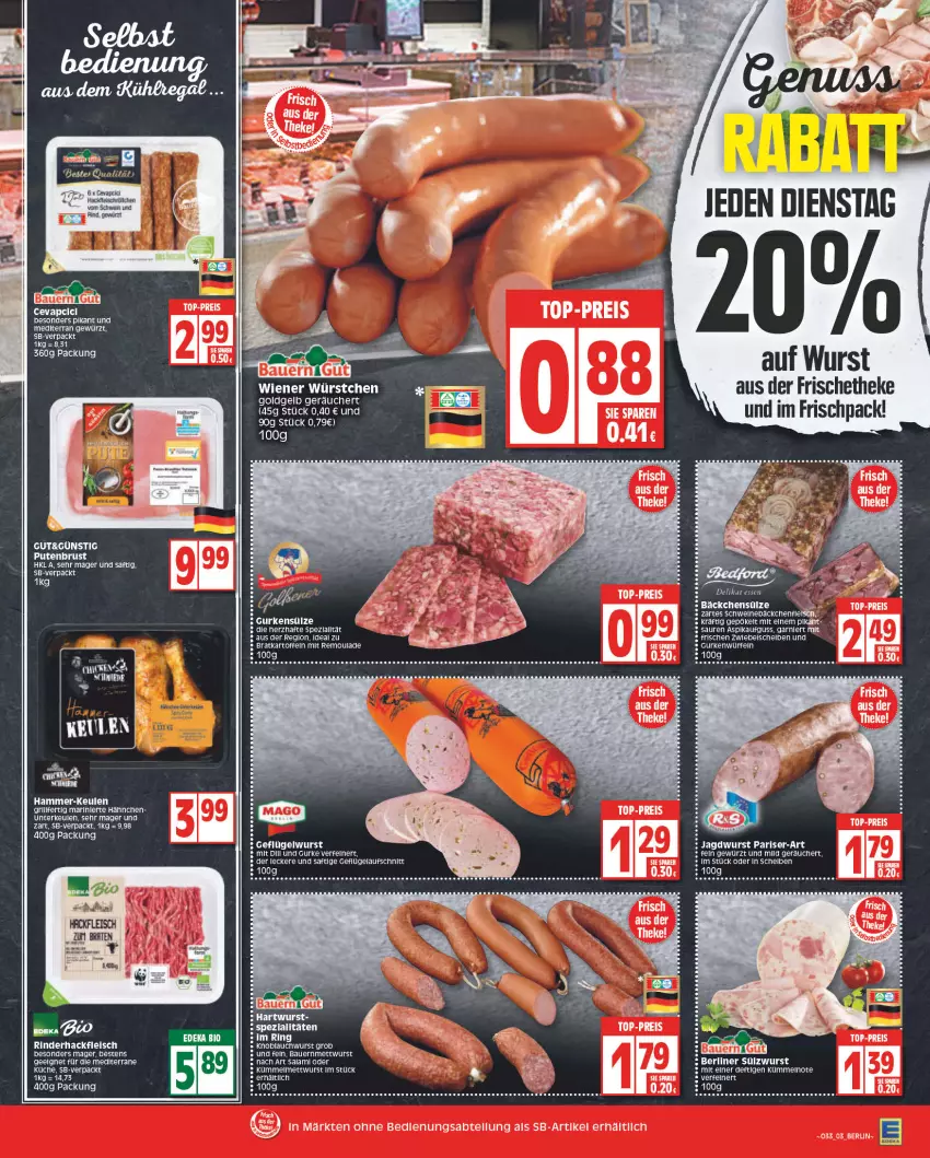 Aktueller Prospekt Edeka - Angebote der Woche - von 15.08 bis 20.08.2022 - strona 3 - produkty: auer, aufschnitt, Bau, Bauer, berliner, cevapcici, eis, elle, ente, fleisch, garnier, Geflügel, gewürz, gurke, gurken, hackfleisch, HP, jagdwurst, kartoffel, kartoffeln, knoblauch, LG, Mett, mettwurst, pute, putenbrust, reis, remoulade, rind, rinder, rinderhackfleisch, saft, salami, schwein, Ti, top-preis, wein, wurst, zwiebel