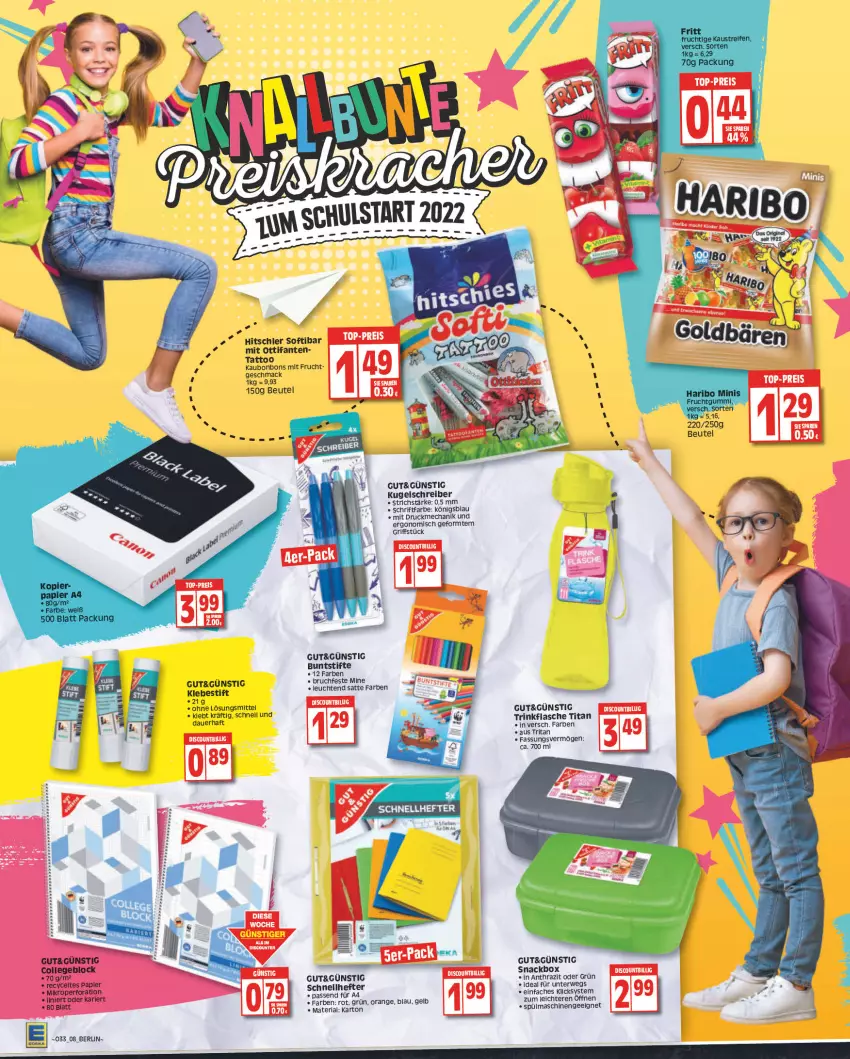 Aktueller Prospekt Edeka - Angebote der Woche - von 15.08 bis 20.08.2022 - strona 8 - produkty: auer, aust, beutel, bonbons, buntstifte, discount, flasche, frucht, fruchtgummi, haribo, Hefte, hitschler, Kaustreifen, Kugel, kugelschreiber, Leuchte, leuchten, mac, mit frucht, orange, reifen, Ria, rwe, Schnellhefter, snack, spülmaschinen, stifte, Ti, trinkflasche