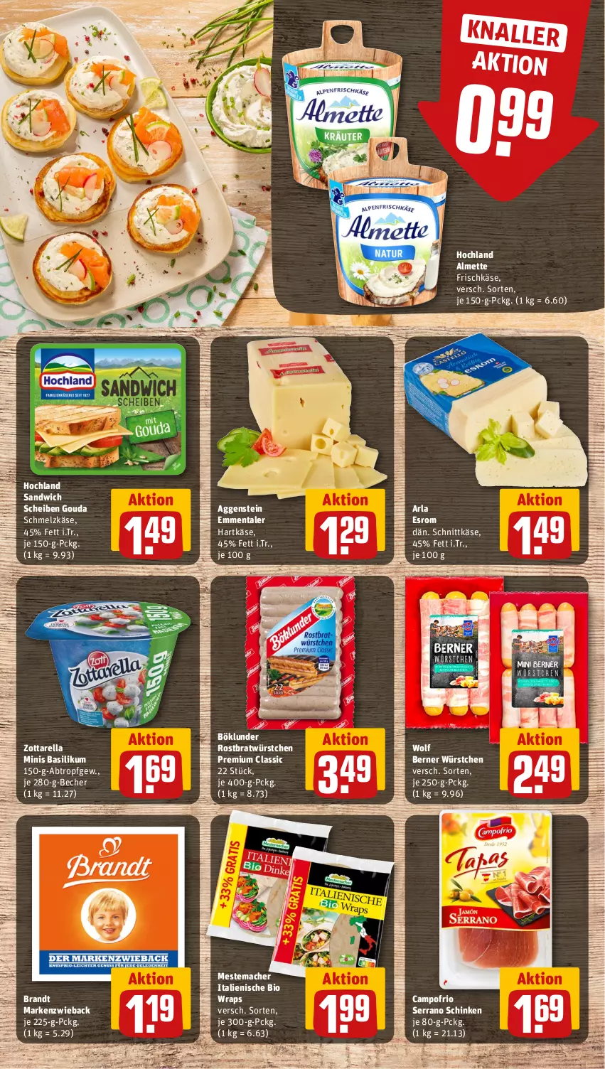 Aktueller Prospekt Rewe - Prospekte - von 01.07 bis 06.07.2024 - strona 9 - produkty: almette, arla, basilikum, Becher, bio, böklunder, brandt, campofrio, emmentaler, esrom, frischkäse, gouda, hartkäse, hochland, Käse, mac, Markenzwieback, mestemacher, Mett, rel, sandwich, schinken, Schmelzkäse, schnittkäse, serrano, serrano schinken, Ti, wrap, wraps, würstchen, zott, zottarella, zottarella minis