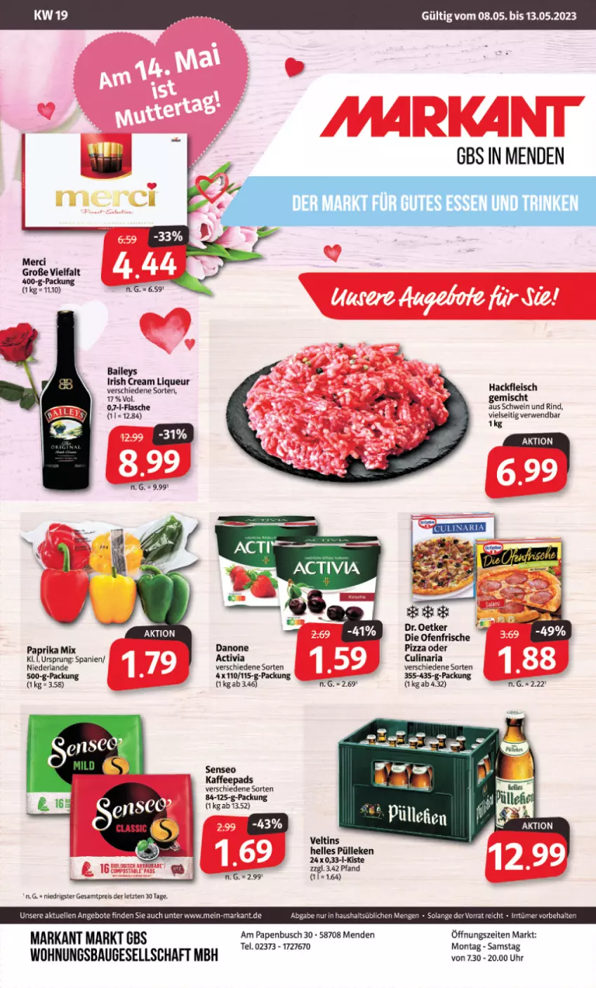 Aktueller Prospekt Markant - Prospekte - von 08.05 bis 13.05.2023 - strona 1 - produkty: baileys, Bau, culinaria, die ofenfrische, Dr. Oetker, eis, elle, flasche, fleisch, hackfleisch, irish cream, kaffee, liqueur, merci, Ofen, paprika, paprika mix, pizza, Ria, rind, rwe, schwein, schwein und rind, senseo, Ti, uhr, veltins, wein