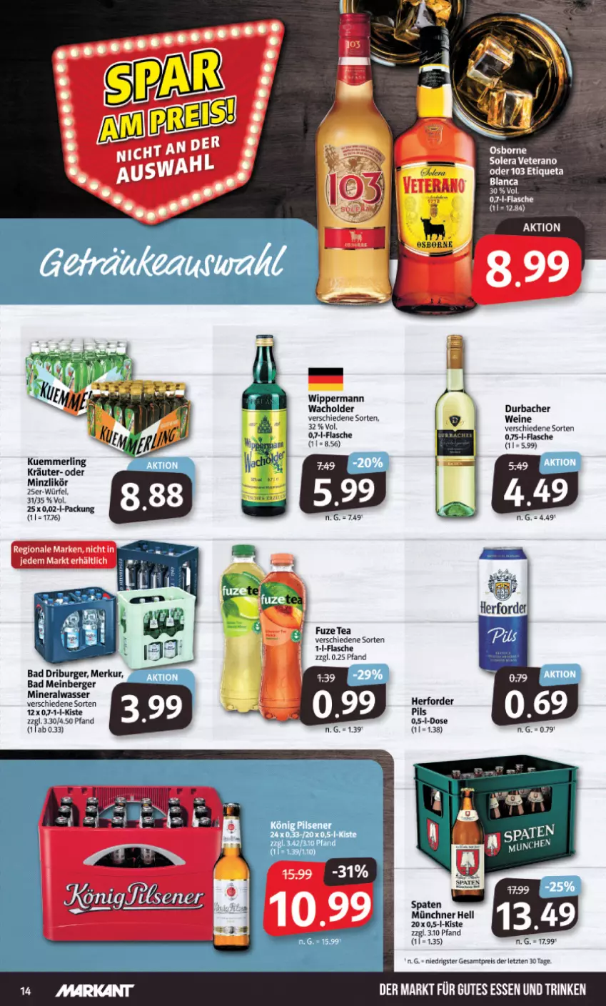 Aktueller Prospekt Markant - Prospekte - von 08.05 bis 13.05.2023 - strona 14 - produkty: Alwa, Bad, Berger, burger, eis, flasche, fuze tea, gutes essen, kräuter, kuemmerling, likör, merl, mineralwasser, osborne, pils, reis, Ti, wasser, wein, weine, würfel, ZTE