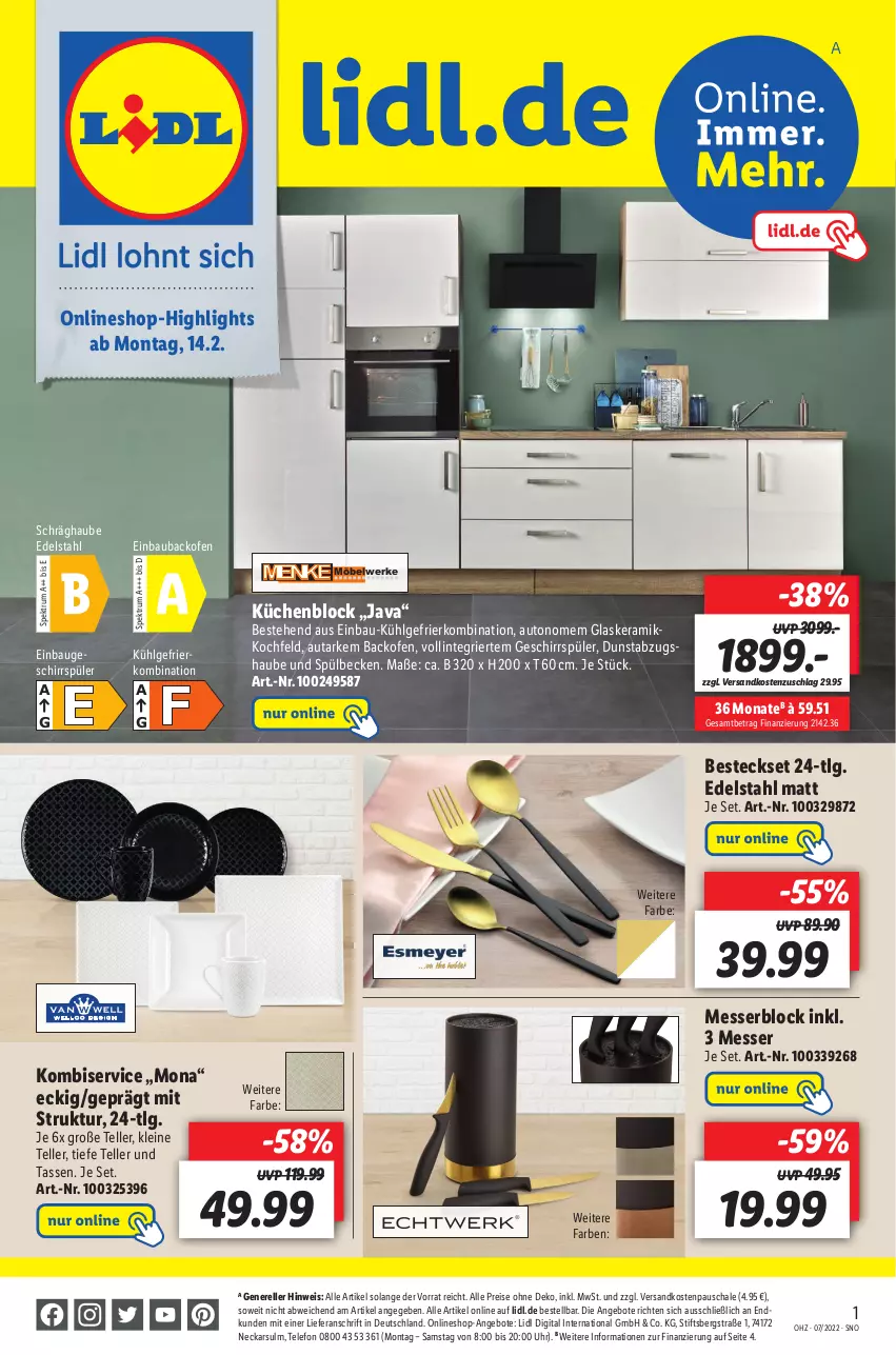 Aktueller Prospekt Lidl - Wochen-Highlights im Onlineshop - von 14.02 bis 20.02.2022 - strona 1 - produkty: abzugshaube, angebot, angebote, auto, backofen, Bau, besteck, besteckset, dunstabzug, dunstabzugshaube, edelstahl, einbaubackofen, eis, elle, gefrierkombination, geschirr, geschirrspüler, glaskeramik, glaskeramikkochfeld, kochfeld, Kombiservice, küche, Küchen, küchenblock, leine, LG, messer, messerblock, möbel, ndk, Ofen, reis, rel, rum, Schal, Schale, schräghaube, Spektrum, tasse, telefon, teller, Ti, uhr