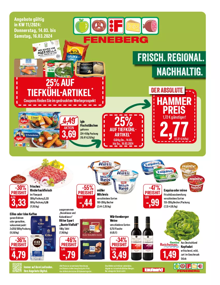 Aktueller Prospekt Feneberg - Prospekte - von 14.03 bis 16.03.2024 - strona 1 - produkty: angebot, angebote, Becher, Berger, bohne, bohnen, coupon, coupons, eis, elle, exquisa, fisch, fischstäbchen, flasche, fleisch, frischkäse, frischkäsezubereitung, hackfleisch, iglo, kaffee, kaffee ganze bohnen, kakao, Käse, kopfsalat, Laufen, mac, milch, milchreis, miree, Müller, nuss, reis, rind, rinder, rinderhackfleisch, ritter, ritter sport, salat, Sport, Ti, wein, weine, ZTE