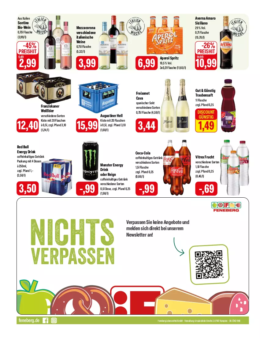 Aktueller Prospekt Feneberg - Prospekte - von 14.03 bis 16.03.2024 - strona 16 - produkty: amaro, angebot, angebote, aperol, averna, bier, bio, Bio-Wein, Cava, coca-cola, coffein, cola, corona, discount, drink, eis, energy drink, flasche, franziskaner, freixenet, frucht, getränk, lebensmittel, mezzacorona, monster, Monster Energy, red bull, reis, saft, sekt, Ti, trauben, Traubensaft, vitrex, wein, weine