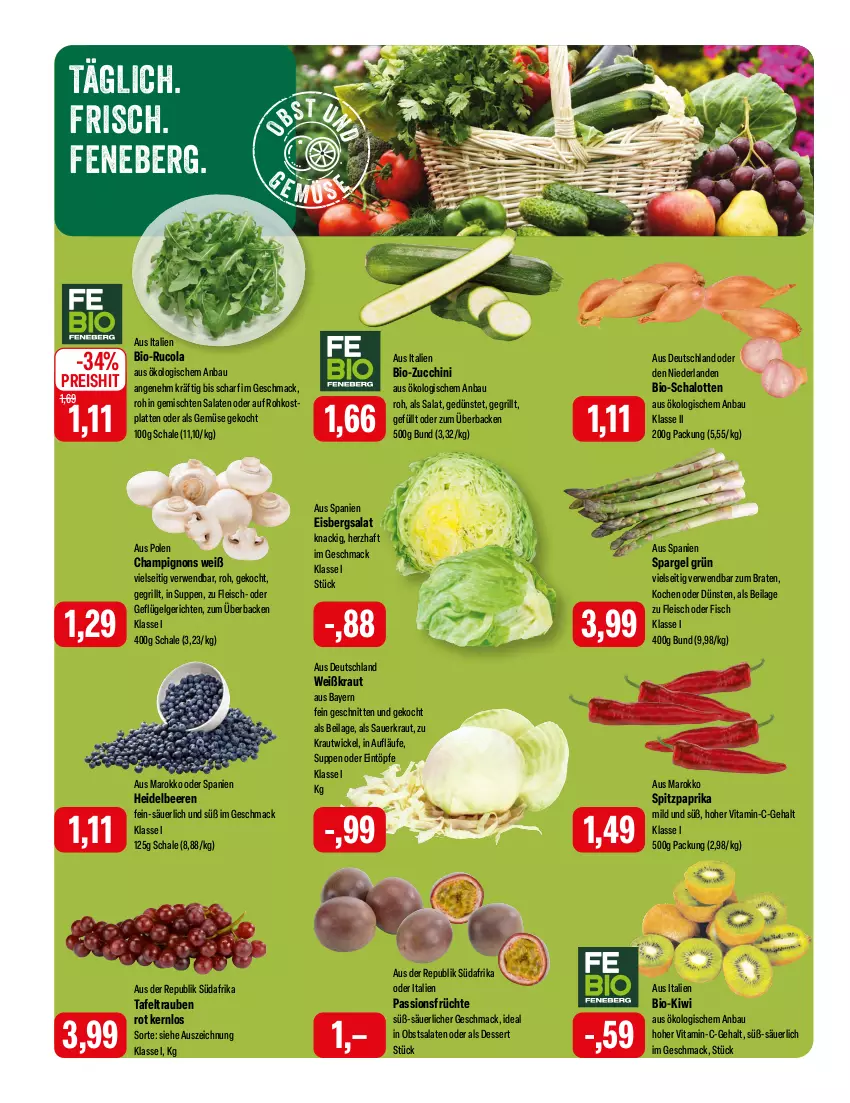 Aktueller Prospekt Feneberg - Prospekte - von 14.03 bis 16.03.2024 - strona 6 - produkty: auer, Bau, beere, beeren, bio, bio-zucchini, braten, champignon, champignons, cola, dessert, eintöpfe, eis, eisbergsalat, fisch, fleisch, früchte, Geflügel, grill, heidelbeere, heidelbeeren, ilag, kiwi, Kraut, latte, LG, mac, obst, paprika, reis, rucola, rwe, salat, salate, Sauerkraut, Schal, Schale, Schalotte, schnitten, spargel, spargel grün, Spitzpaprika, suppe, suppen, tafeltrauben, Ti, trauben, vita, WICK, zucchini