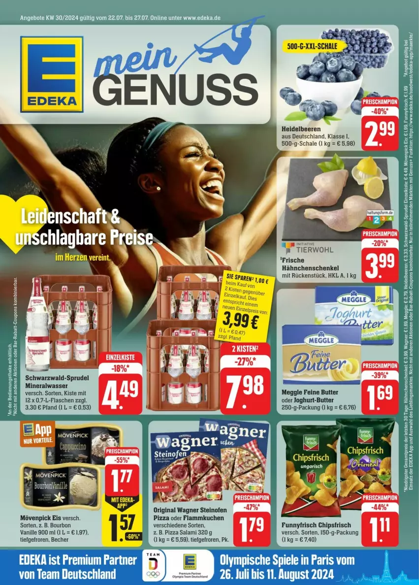 Aktueller Prospekt Edeka - Prospekte - von 20.07 bis 27.07.2024 - strona 1 - produkty: Alwa, angebot, angebote, Becher, beere, beeren, bourbon, butter, chips, chipsfrisch, coupon, coupons, deka, eis, flammkuchen, flasche, gin, hähnchenschenkel, heidelbeere, heidelbeeren, henkel, joghur, joghurt, kuchen, lamm, meggle, mineralwasser, mövenpick, mövenpick eis, nuss, Ofen, original wagner, pizza, rabatt-coupon, salami, Schal, Schale, schenkel, Sprudel, steinofen, steinofen pizza, Ti, vanille, wagner, wasser