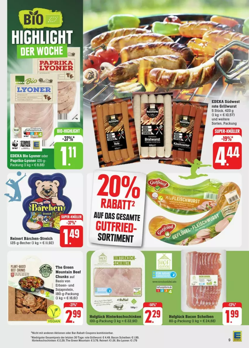 Aktueller Prospekt Edeka - Prospekte - von 20.07 bis 27.07.2024 - strona 13 - produkty: bacon, Becher, beef, bio, coupon, coupons, deka, edeka bio, eis, erbsen, grill, Grillwurst, hinterkochschinken, kochschinken, lyoner, mint, paprika, rabatt-coupon, reinert, reis, schinken, soja, südwest, Ti, wurst, Yo, ZTE