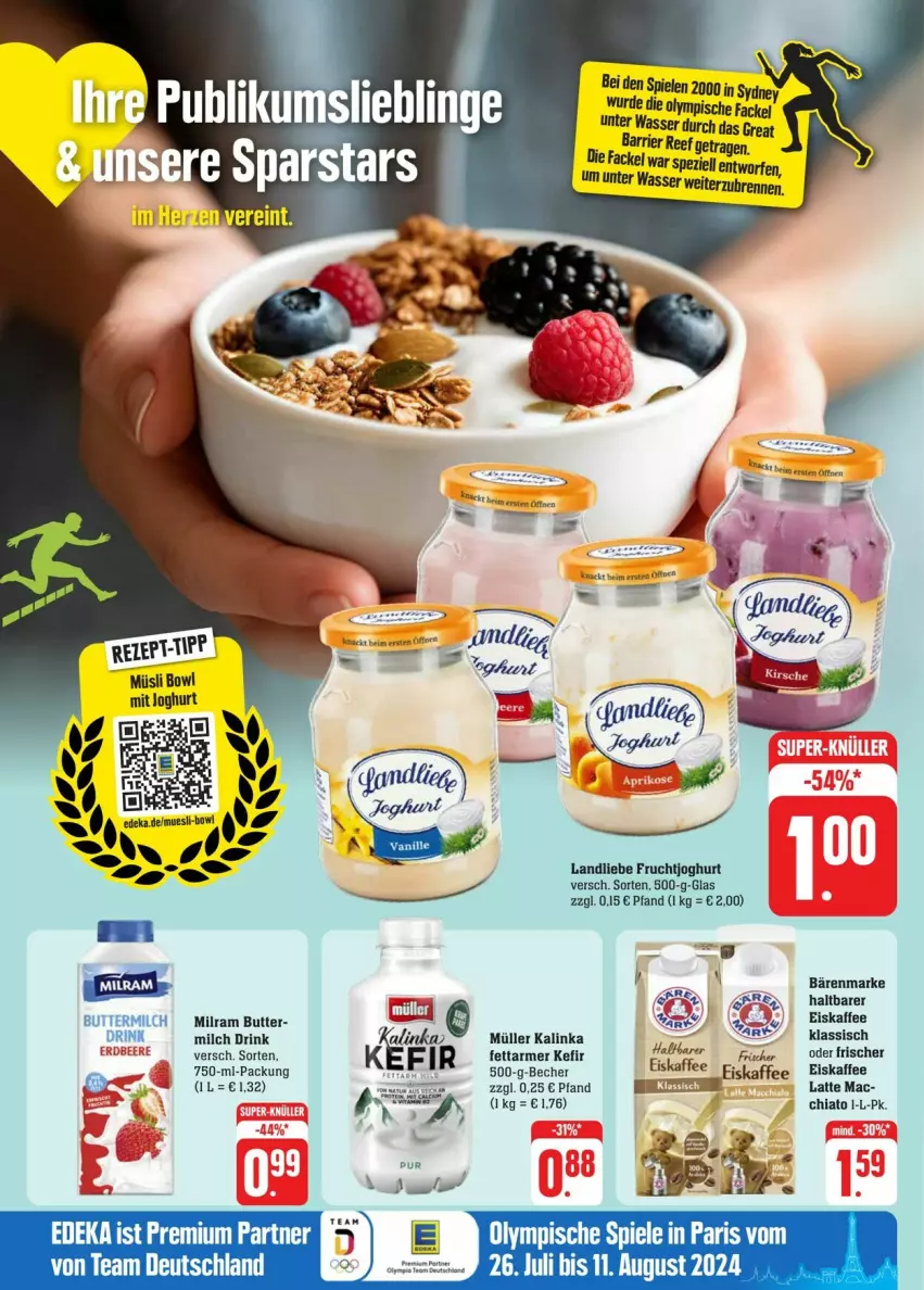 Aktueller Prospekt Edeka - Prospekte - von 20.07 bis 27.07.2024 - strona 16 - produkty: bärenmarke, Becher, beere, butter, buttermilch, chia, drink, eis, eiskaffee, erdbeere, fisch, fische, Fischer, frucht, fruchtjoghurt, joghur, joghurt, kaffee, Kefir, landliebe, latte, mac, milch, milram, Müller, müsli, rezept, rezept-tipp, Spezi, Spiele, tee, Ti, wasser