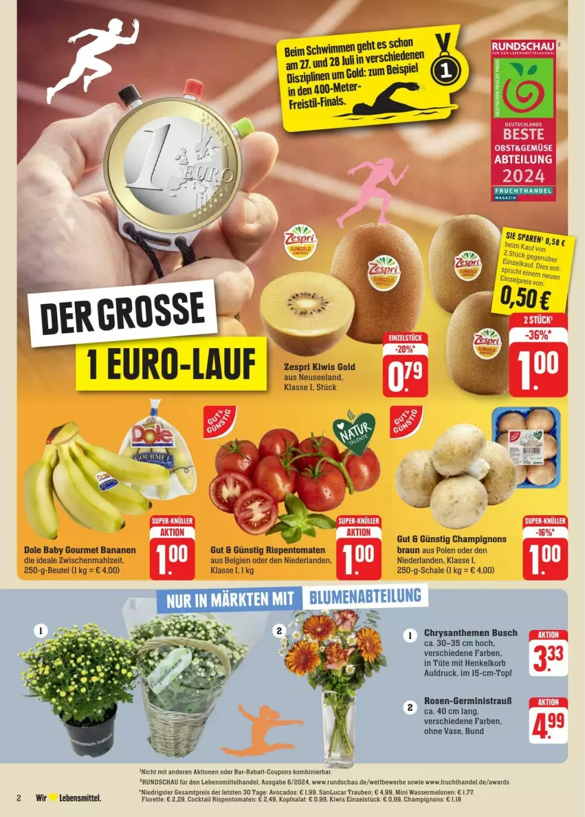 Aktueller Prospekt Edeka - Prospekte - von 20.07 bis 27.07.2024 - strona 2 - produkty: avocado, avocados, banane, bananen, beutel, braun, champignon, champignons, chrysanthemen, cocktail, coupon, coupons, eis, Elan, ente, florette, frucht, Germ, henkel, kiwi, kopfsalat, korb, lebensmittel, LG, melone, melonen, mini wassermelonen, rabatt-coupon, reis, rispentomaten, rosen, salat, Schal, Schale, Ti, tomate, tomaten, topf, trauben, Tüte, Vase, wasser, wassermelone, wassermelonen, zespri, ZTE